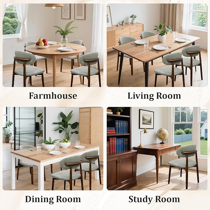 Farmhouse Dining Chairs Set of 8, Mid Century Modern Fabric Upholstered Kitchen Chairs, Wooden Dining Room Chair with Curved Back for Kitchen Dining Room Restaurant Cafe, Light Green (Only Chairs)