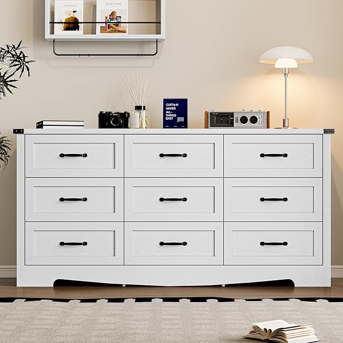 BORNOON 9-Drawer Dresser for Bedroom, Modern Wooden Chest of Drawers with Metal Handles, Anti-Tipping Design, Sturdy and Stable Storage Organizer for Living Room, Entryway, Home Office