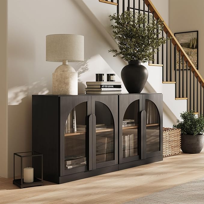 BELLEZE Set of 2 Modern Sideboard Buffet Cabinets (63" Wide) - Large Kitchen Credenza with 4 Arched Glass Doors - Seamless Storage Console Table for Dining Room, Living Room & TV Stand - Ebony