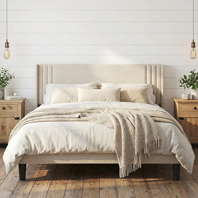 Gizoon Full Bed Frame with Wingback Headboard, Upholstered Platform Bed with Modern Geometric Headboard, Wooden Slats, Noise-Free, No Box Spring Needed