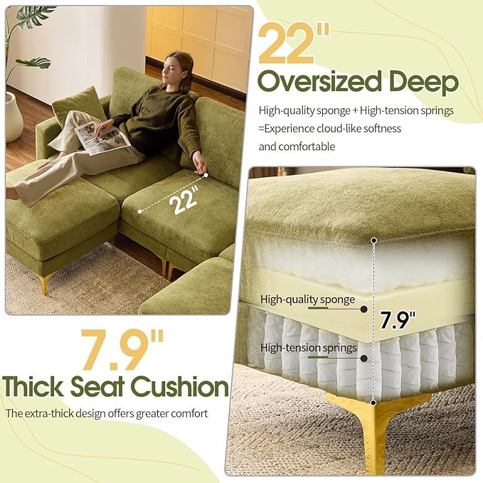 VINGLI 100" W U Shaped Couch with Ottoman, 22" Deep Seat Comfortable Sectional Couches for Living Room, 3 Seater Chenille Fabric Cloud Sofa for Apartment, Small Spaces, Bedroom, Green