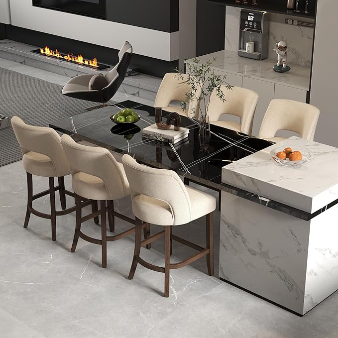 VKNOW Bar Stools Set of 6, 26" Upholstered Counter Height Bar Stools, Modern Counter Stools with Wood Legs for Kitchen Island Dining Room Bar, Beige