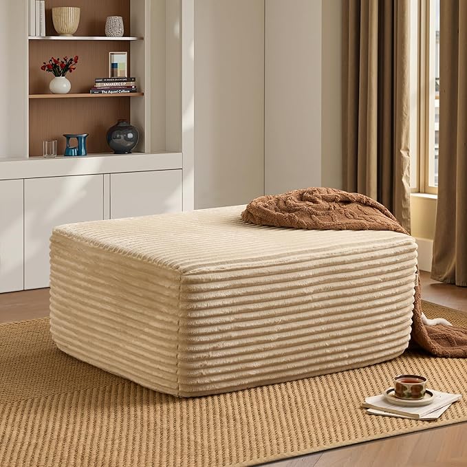 ovios 37" Plush Corduroy Ottoman, Upholstered Cloud Ottoman for Boneless Couch in a Box, Modular Sectional Couches for Living Room Bedroom, Compressed Memory Foam, No Assembly Require, Beige