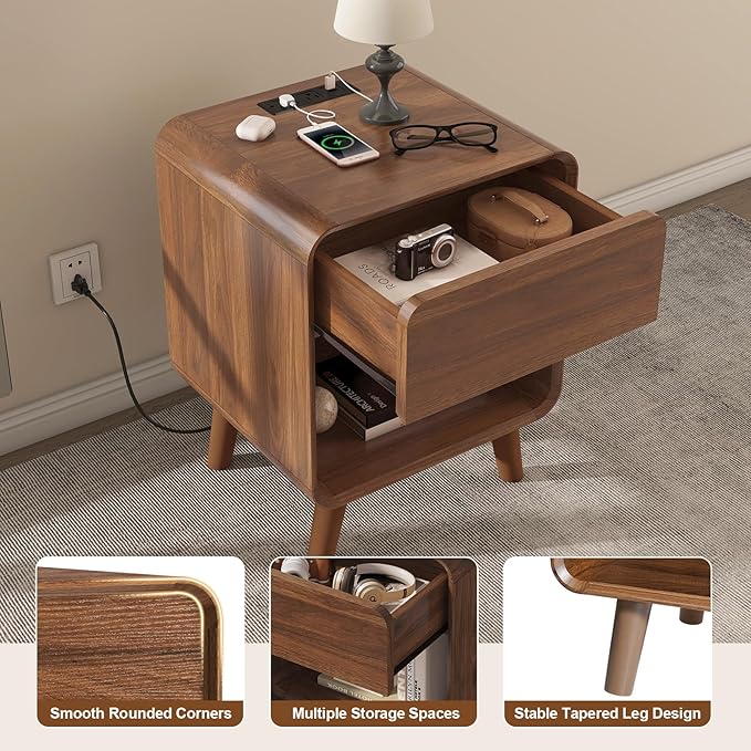 Nasonet Small Night Stand, 17.7'' Wide Bedside Table with Charging Station, Mid Century Modern Nightstands with Drawers, Bedroom Side Table End Table for Living Room, Curved Beveled Design, Walnut