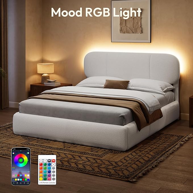 Queen Size Bed Frame with Storage, Boucle Cloud Bed with 4 Locking Drawers & LED Lights, Modern Upholstered Platform Bed, Plush Sides & Footboard, Adjustable Headboard, No Box Spring, White