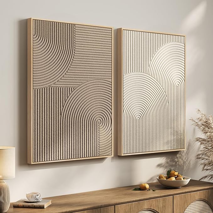 Large 3D Textured Framed Neutral Abstract Wall Art Set, 2 Piece Modern Minimalist Paintings Artwork for Walls, Beige Brown Geometric Line Pictures for Living Room Bedroom Hallway Wall Decor 24x36 In