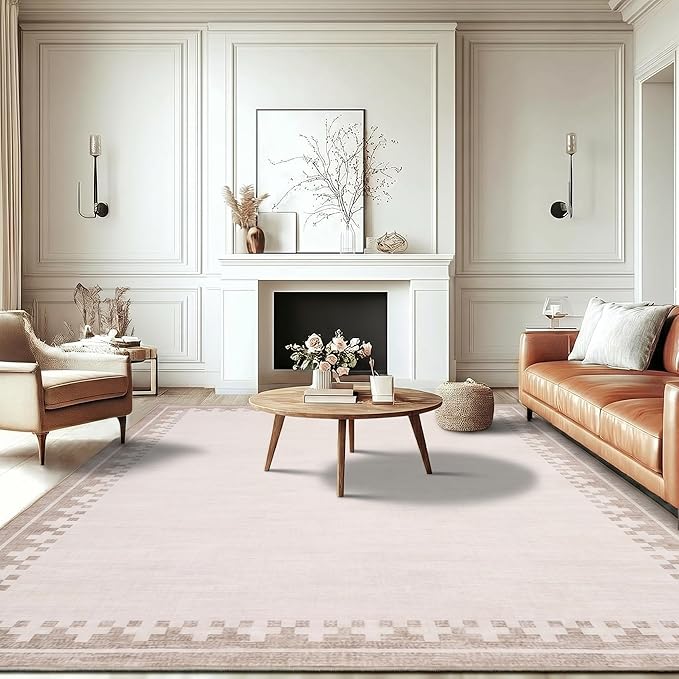 GarveeHome Cross Bordered Area Rug 8x10 for Living Room Home Office Modern Geometric Stain Resistant Indorr Carpet Non Slip Low Pile Nuetral Rugs for Kitchen Dining Room Bedroom, Light Beige/Seashell