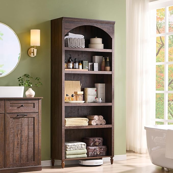 IFGET 76" Tall Arched Bookcase, Farmhouse 5 Tiers Large Arched Bookshelf Cabinet with Adjustable Shelves, Modern Wooden Book Shelf w/Storage and Open Display Shelves for Living Room, Office-Brown