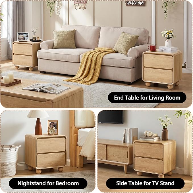 AVZEAR Small Night Stand with 2 Drawers, Mid Century Modern Nightstands with Solid Wood Legs, 2 Drawer Dresser Curved Profile Design End Table Side Table for Small Space, Dorm, Bedroom((Natural)
