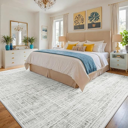9x12 Area Rugs Washable Rug: Anti-Skid Abstract Modern Living Room Rug Soft Thin Carpets Indoor Floor Non-Shedding Carpet for Bedroom Dining Farmhouse Nursery Home Office (White Gray, 9'x12')
