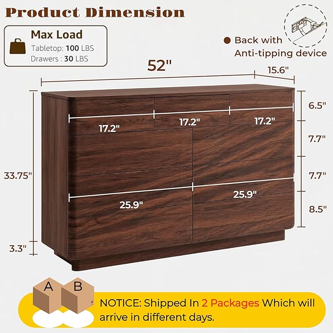 ACCOHOHO 9 Drawer Dresser for Bedroom, 52" Wide Modern Wood Dresser with Hidden Handle Drawers, Large Storage Chest of Drawers, TV Stand for Living Room & Hallway, Curved Profile Design, Dark Walnut