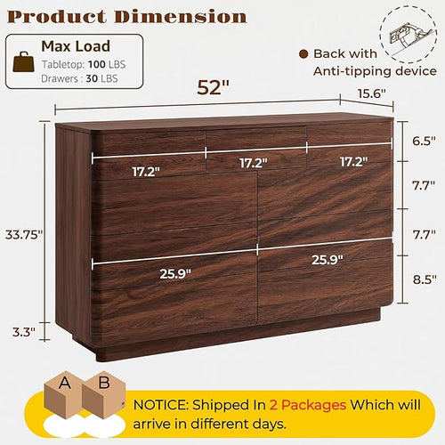 ACCOHOHO 9 Drawer Dresser for Bedroom, 52" Wide Modern Wood Dresser with Hidden Handle Drawers, Large Storage Chest of Drawers, TV Stand for Living Room & Hallway, Curved Profile Design, Dark Walnut