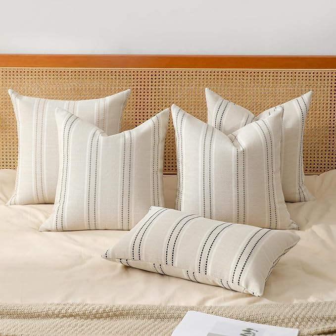 Hckot Throw Pillow Covers 24x24 Set of 2 Striped Pillow Covers Textured Linen Decorative Pillows Square Cushion Covers for Sofa Couch Bed Living Room Farmhouse Decor