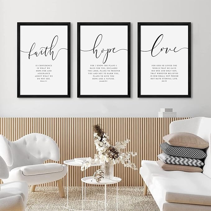 Bible Verses Wall Decor 3 Pieces Scripture Quotes Canvas Wall Art Faith Hope Love Scripture Posters Prints Christian Artwork Pictures for Living Room Bedroom Decoration 16x24 Inch Black Framed