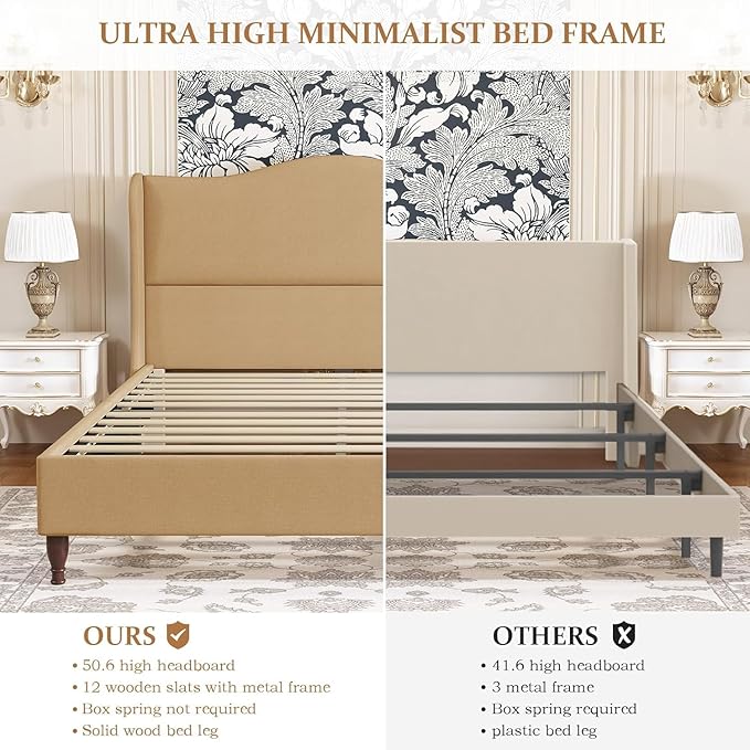 koorlian King Size Bed Frame Upholstered Platform Bed with 51'' Tall Fabric Headboard and Wooden Slats Support, Retro Minimalist Style/Fully Upholstered/Easy Assembly, Warm Brown