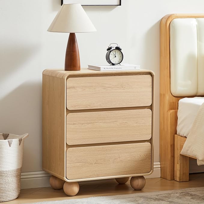 AVZEAR Wooden Night Stand wth 3 Drawer Dresser Mid Century Modern End Table Chest of Drawers, Solid Wood Legs & Curved Profile Design, Farmhouse Side Table for Living Room, Natural