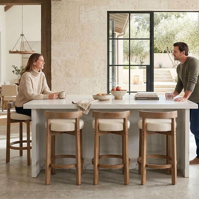 LukeAlon Mid Century Linen Counter Stools Set of 2, Upholstered 26.5” Seat Height Low Barstools with Natural Wood Legs Round Low Back Kitchen Stools with Footrest for Dining Room, Beige