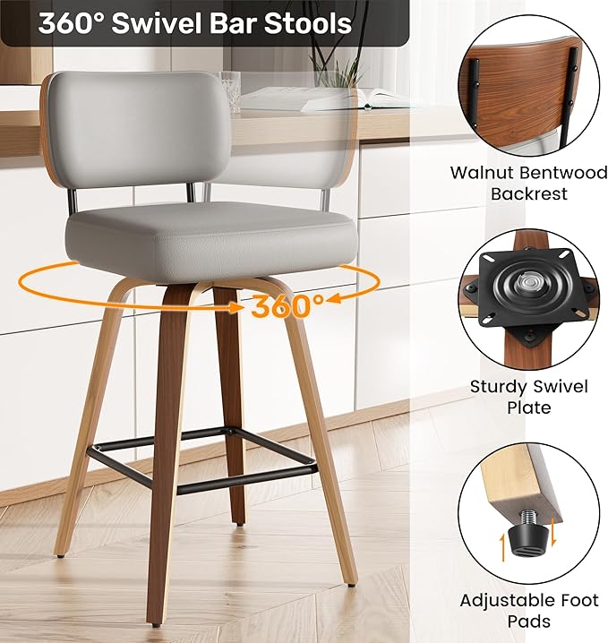 Swivel Bar Stools Set of 4, 26" Upholstered Faux Leather Counter Height Barstools with Walnut Back & Bentwood Legs, Mid Century Modern Bar Chairs Island Stools for Kitchen Counter, Light Grey