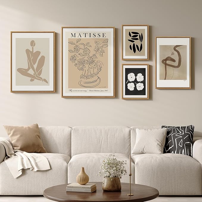 Large Framed Matisse Abstract Wall Art Set of 5, Neutral Beige Modern Minimalist Geometric and Botanical Canvas Prints for Living Room Bedroom Hallway Home Office