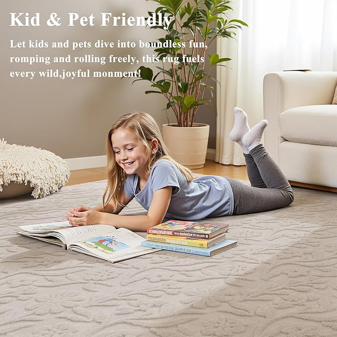 Vaukki 4x6 Area Rug for Living Room, Soft Fluffy Washable Modern Floral Indoor Floor Mat, Non Slip Shaggy Boho Accent Throw Carpet for Bedroom, Living Room, Nursery and Dining Room, Beige