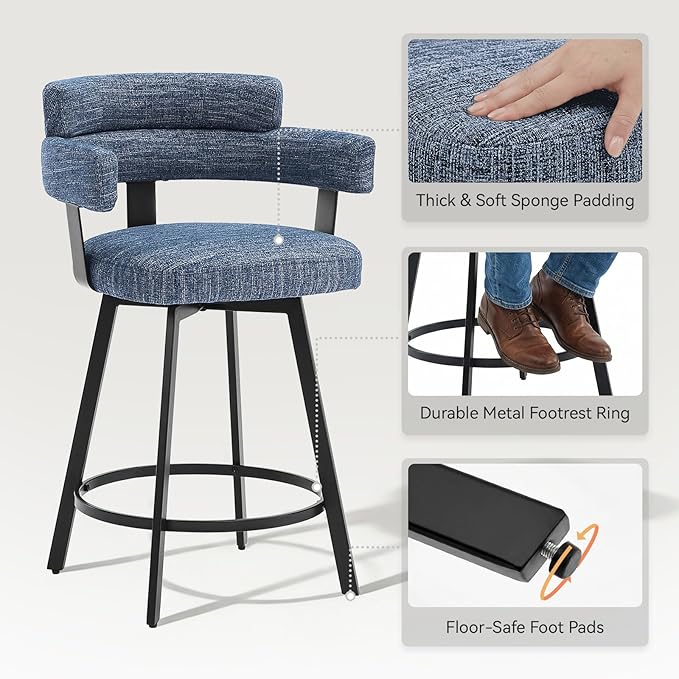 Counter Height Bar Stools with Full Back – Swivel Counter Stools Set of 2 with Linen Padded Back, Metal Footrest, Modern Barstools for Kitchen Counter, Island, Dining Room, Blue 24 inch
