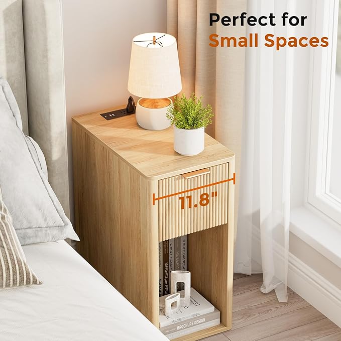 Homleke Narrow End Table with Fluted Drawer and Charging Station, Small Nightstand with USB Ports & Outlets, Bedside Table for Bedroom or Living Room, Modern Accent Table, Natural