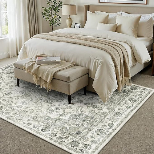 8x10 Washable Neutral Area Rug Green Vintage Living Room Bedroom Carpet Non-Slip Soft Low Pile Farmhouse Indoor Large Throw Rug for Dining Room Office