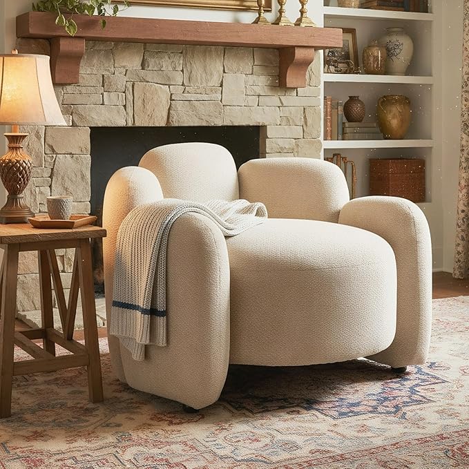 Hyfirm Mid-Century Modern Accent Chair Scandinavian Upholstered Barrel Armchair with Solid Wood Base, Comfy Single Sofa Chair for Living Room, Bedroom, Study, Apartment, Khaki