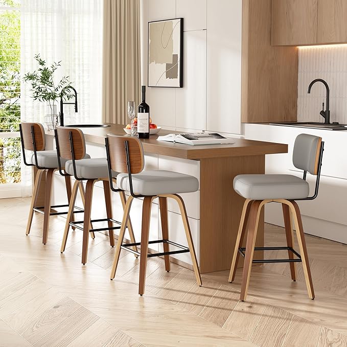 Swivel Bar Stools Set of 4, 26" Upholstered Faux Leather Counter Height Barstools with Walnut Back & Bentwood Legs, Mid Century Modern Bar Chairs Island Stools for Kitchen Counter, Light Grey