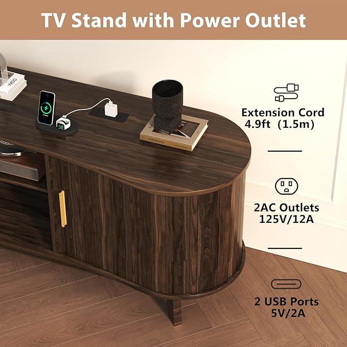 Mid Century Modern TV Stand, Fluted TV Stands with Open Shelves and Sliding Door for 65 Inch TVs, Media Cabinet with Power Outlet, Entertainment Center with Storage for Living Room, Walnut
