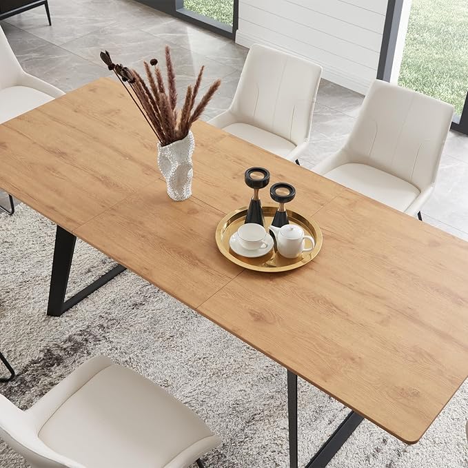 ZckyCine 63"-79" Expandable 6 Person Dining Table Set - Modern Oak Color Table with 6 Black Chairs, Dining Room Dining Table Set for Kitchen and Dining Room