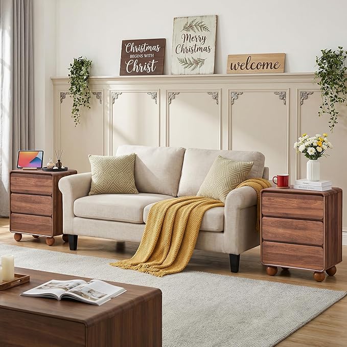 AVZEAR Wooden Night Stand wth 3 Drawer Dresser Mid Century Modern End Table Chest of Drawers, Solid Wood Legs & Curved Profile Design, Farmhouse Side Table for Living Room, Walnut