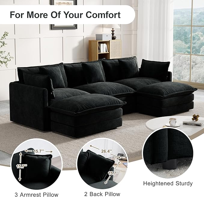 Modular Sectional Sofa, 111.5 Inch U-Shaped Cloud Sofa with Deep Seat Chenille Sofa with Cushions, Three-Self Sectional Sofa for Living Room Apartment,Black