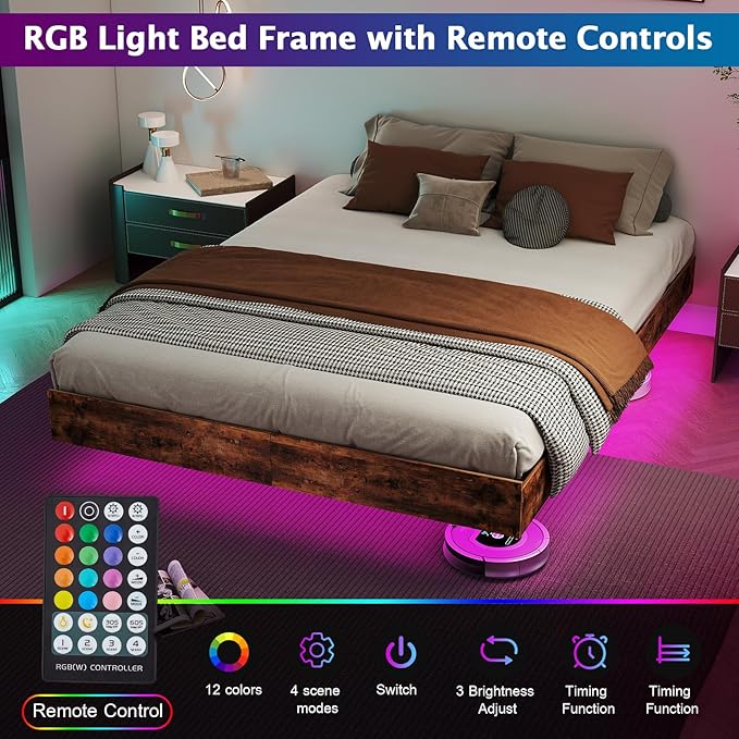Floating Bed Frame King with LED Lights, Metal Platform King size Floating Bed Frame with Under Bed Storage, Heavy Duty Steel Slats Support, No Box Spring Needed, Noise Free, Easy Assembly, Brown