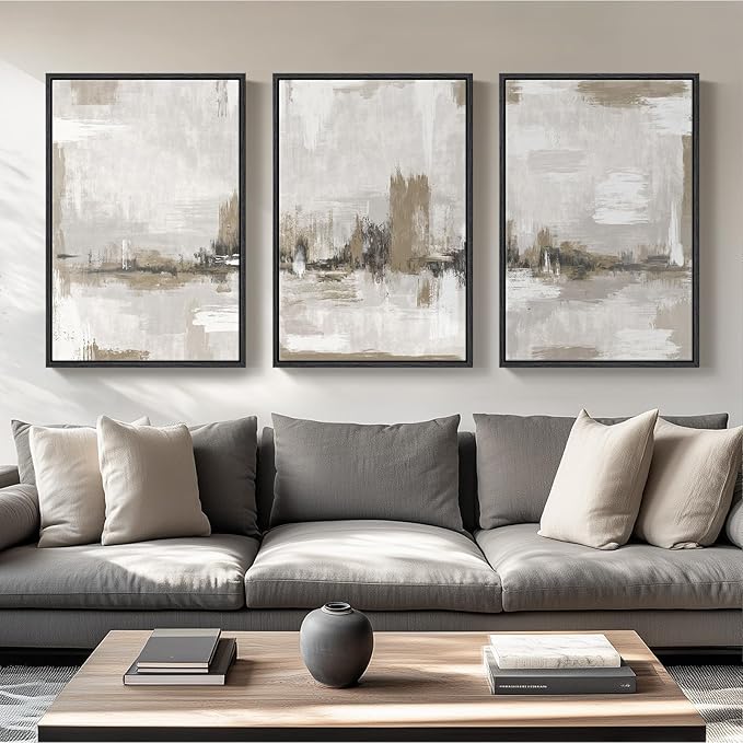 Large Framed Neutral Abstract Wall Art for Living Room, 3 Piece Modern Beige Brown Canvas Artworks, Minimalist Painting Prints for Entryway Hallway Home Office Wall Decor, 24x36 In