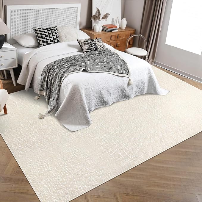 RUGSREAL Washable Rug 10x13 for Living Room Modern Abstract Area Rug Non-Slip Large Contemporary Bedroom Rug Stain Resistant Aesthetic Accent Floor Carpet Foldable Solid Rug for Home Office, Cream