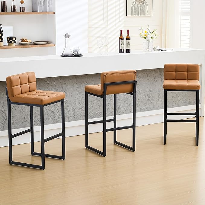 FIRAVOE Set of 3 Bar Stools, PU Leather Barstools, 30" Modern High Counter Stools with Back and Thickened Metal Legs, Upholstered Island Chairs for Kitchen Island (Caramel Brown, 3Pcs 30" Bar Stools)