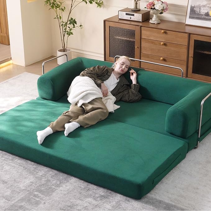 WHGBJA 79" Convertible Sleeper Sofa Bed with Cylindrical Pillow, Corduroy Folding Mattress Couch with Fixed-Shape Frame, Floor Sofa Lounge Couch for Living Room Bedroom Lounge Studio (Green)