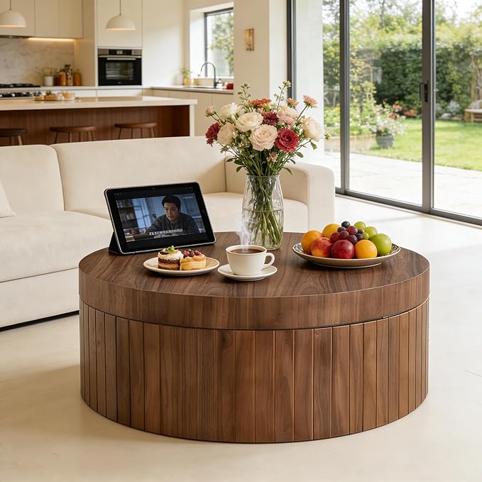 31.5” Modern Round Coffee Table, Circular Wood Center Table with Storage, MDF Accent Dinning Table for Living Room, Apartment,Office,Courtyard, No Assembly.(Walnut)