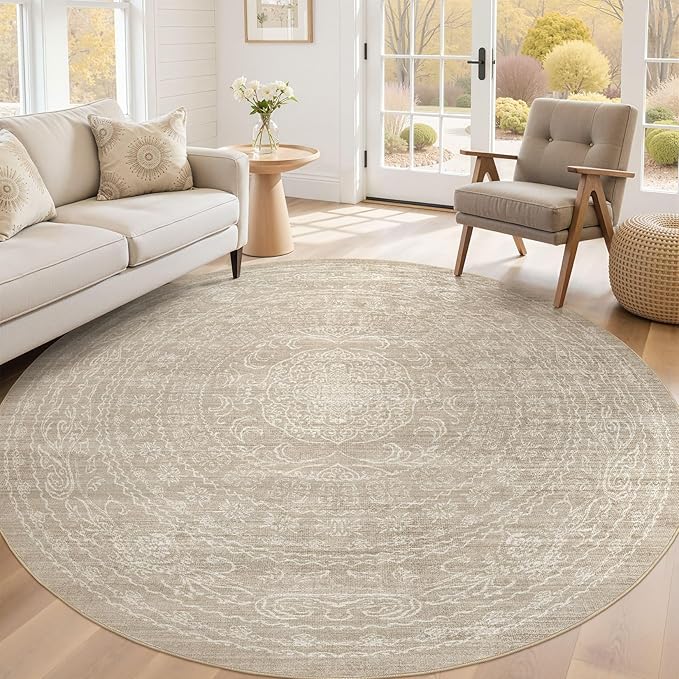 8ft Round Rug Living Room: Washable Large Vintage Rug Neutral Non-Slip Soft Stain Resistant Indoor Carpet for Bedroom Nursery Dining Room Under Table Bed Home House Office Playroom - Brown