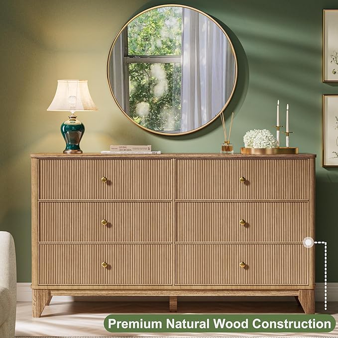 INNOD Fluted 6 Drawers Dresser, 54" Wide Modern Chest of Drawers with Round Corners, Wooden Dresser TV Stand, Wood Drawer Organizer for Bedroom, Living Room, Hallway