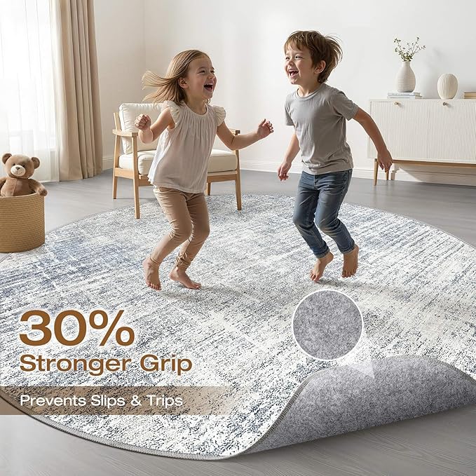 5ft Round Rug Living Room: 5x5 Washable Large Neutral Blue Circle Area Rug Abstract Soft Modern Stain Resistant Indoor Floor Non-Slip Carpet for Bedroom Nursery Kids Office Playroom Dining Room