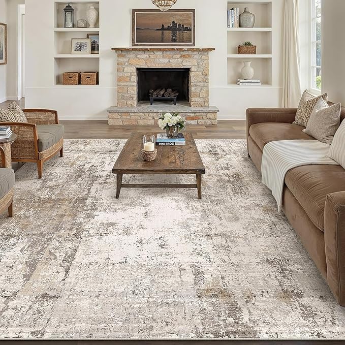 9x12 Washable Area Rug Brown Grey Abstract Non Slip Soft Low Pile Rug for Living Room Bedroom Dining Room Office Neutral Modern Indoor Large Throw Carpet for Home Decor