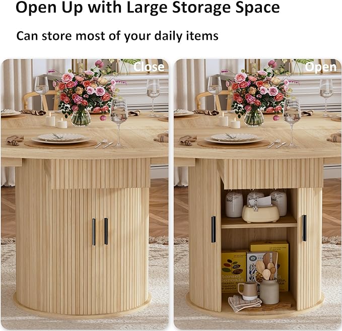 HUAHUU 47.2" Round Dining Table for 4-6, Modern Kitchen Table with 4 Drawers and 2-Tier Storage Shelf, Wooden Circle Dining Tables with Fluted Base & Sliding Door for Home Kitchen Living Room, Natural