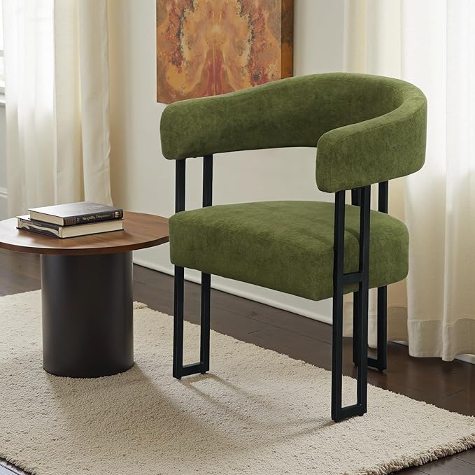 SIMTONAL Mid-Century Modern Dining Chairs Set of 4, Armrest Barrel Dining Chairs Side Accent Chairs with Curved Back, Upholstered Armchairs for Kitchen, Soft Teddy Fleece Surface, Green