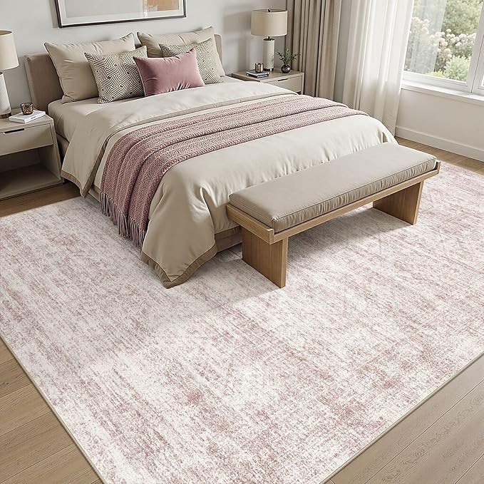 cotiled Large Area Rugs for Living Room 5x7, Machine Washable Rugs with Non Slip Backing Modern Neutral Abstract Rugs Stain Resistant Distressed Carpets for Home Office Decor (5x7 Pink)