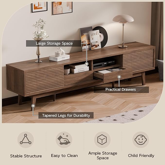 TOLEAD 70" Mid Century Modern TV Stand for TVs up to 75 Inch, Low Profile Entertainment Center with Fluted Sliding Doors & Storage Drawers, Wood TV Console Table for Living Room, Walnut
