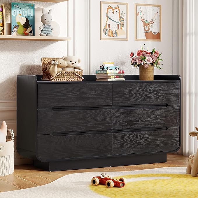 Curved 6 Drawer Dresser for Bedroom, Modern 53-Inch Chest of Drawers, Wood Storage Dresser Organizers with Hidden Handles, 6 Drawer Dressers for Bedroom, Nursery, Living Room, Black