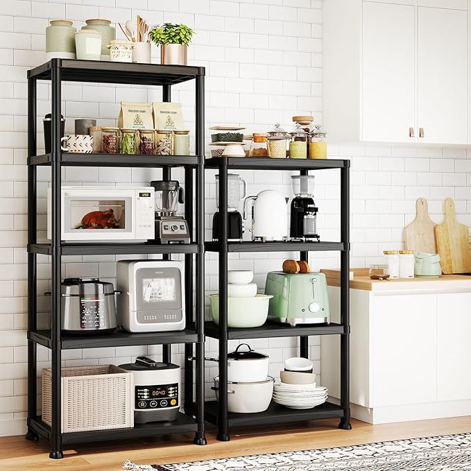 Plastic Storage Shelves, 12" D x 24" W x 52.56" H Plastic Shelves for Storage, 4-Tier Shelving Unit, Storage Rack, 264 lbs, Bathroom, Laundry, Garage & Home