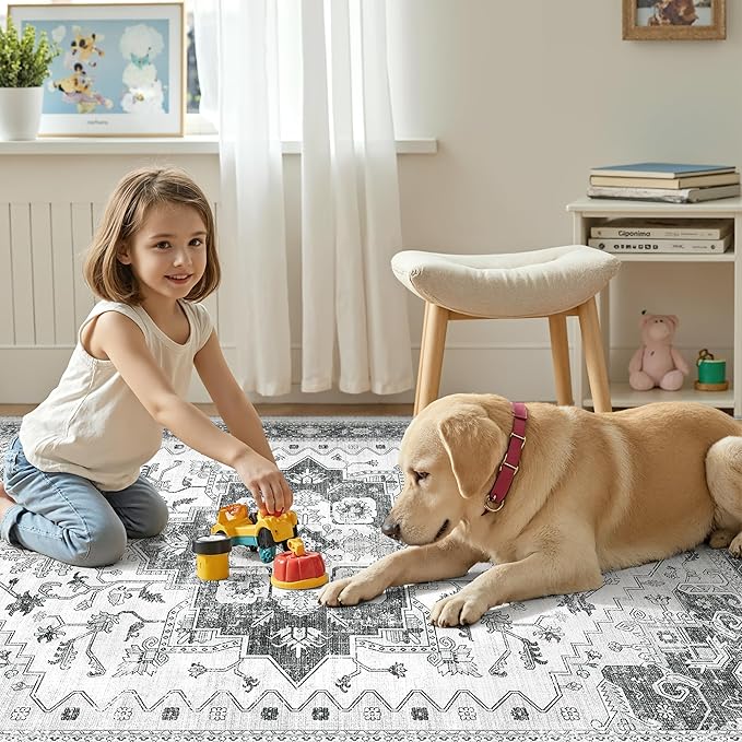 befbee Washable Area Rug 5x7, Area Rugs Stain Resistant Neutral Washable Rugs for Living Rooms Bedroom Vintage Non-Slip Thin Large Size Area Rug（Grey）